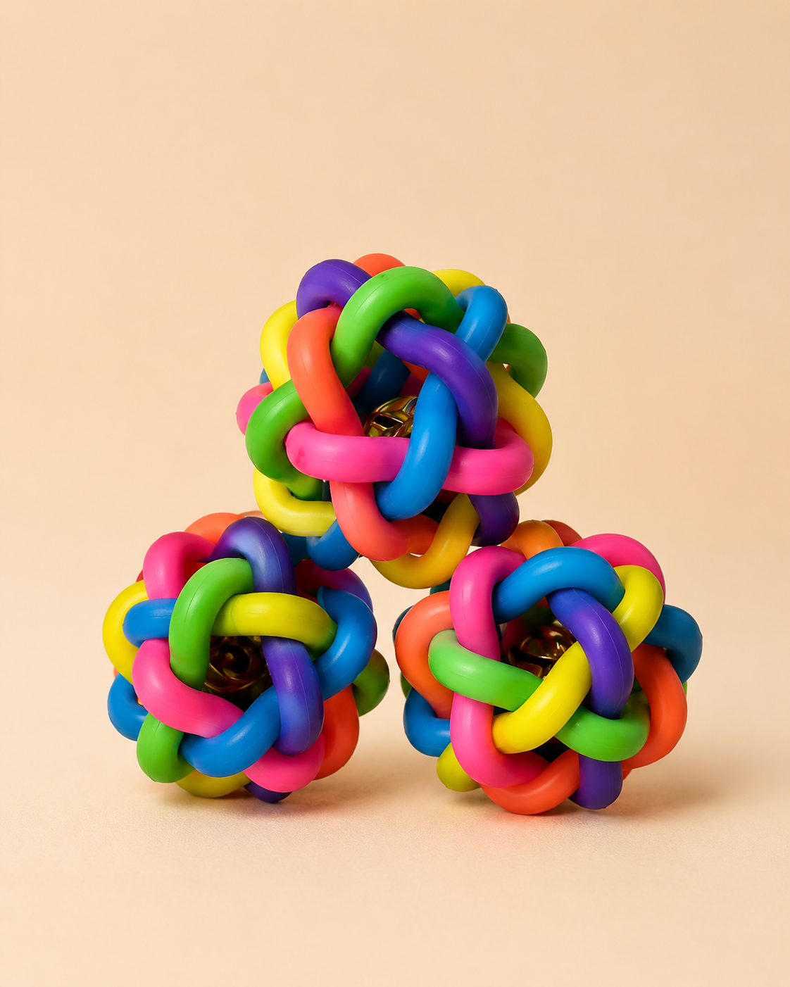 Rainbow Knot Bell Balls — Woven Rubber Chew & Chase (Set of 3)
